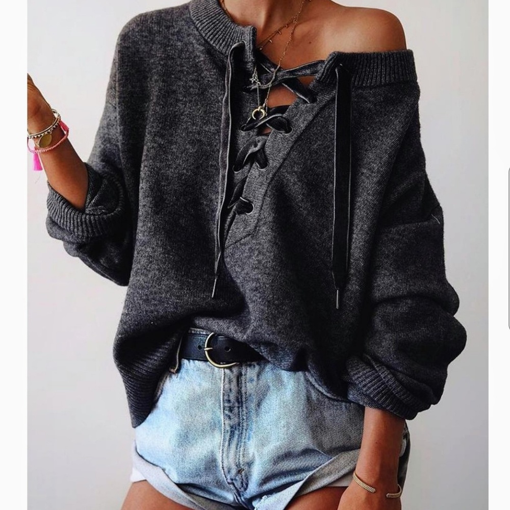 Solid Lace-Up Sweater